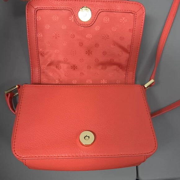 TORY BURCH Landon Crossbody Bag Small Brick Red Leather Flap Adjustable Strap - Picture 11 of 16